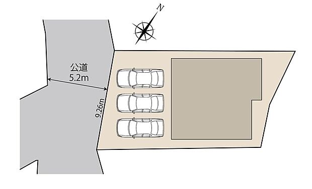 【全体区画図】
限定1棟！来客時にも安心の並列3台分！前面道路でゆったりしており、駐車時も安心です。