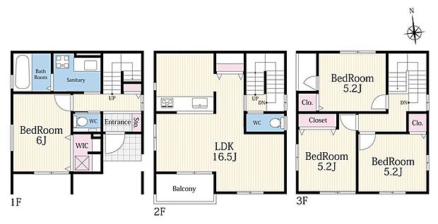 【間取り図】
３層構造を活かした開放的な間取り。南向きで陽当たり良好、全居室収納やWICなど収納力も充実しています。
性能評価付きで品質も確かな、快適性と安心度を兼ね備えた住まいです。