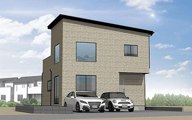 【G棟　完成予想図】スーパーやコンビニ、ドラッグストアが徒歩圏に揃う便利な立地。シンプルさの中に品の良さを感じさせる外観。優しい色調が周囲と調和し、毎日帰るたびに安心感を与えてくれます。