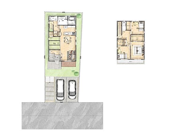 参考プラン。駐車スペース2台確保。南道路で陽当たりが良く、ウッドデッキや庭での休日も充実。夏にはお子様のプールをだしたり、BBQをしたりするのに最適です。