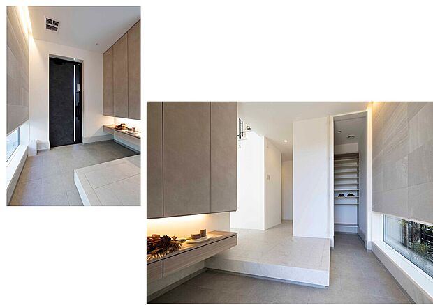 【広めの玄関とシューズクローク】弊社施工例【お泊まりハウス 豊川駅東】「ただいま」の玄関からの手洗いの動線。ベビーカーやゴルフバッグも一緒にシューズクロークに収納。台風などの大雨の日はシューズクロークの扉を開