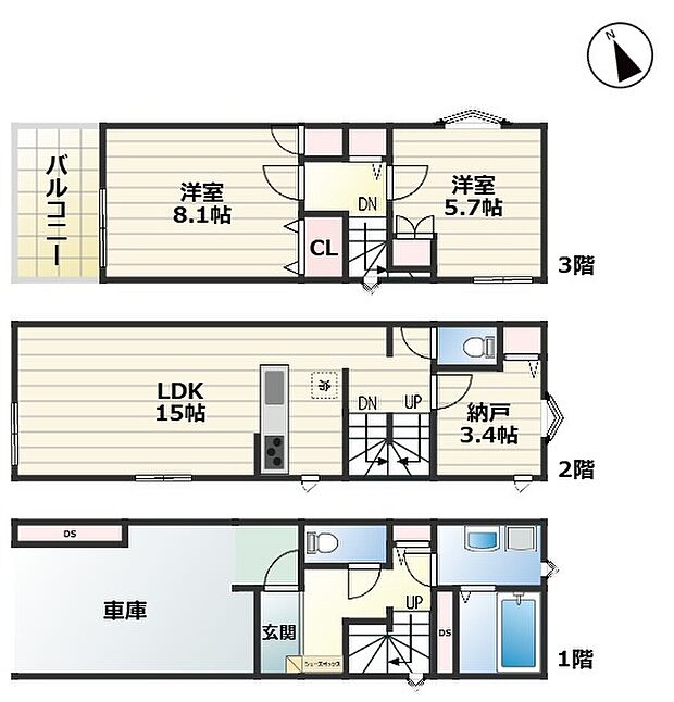 【3LDK】車庫面積12.39m2含む