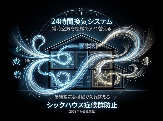 【非公開】24時間換気 シックハウス症候群などを防ぐため、住宅全体の空気を機械で常に入れ替えるシステムです。2003年からすべての住宅に設置が義務化されています。