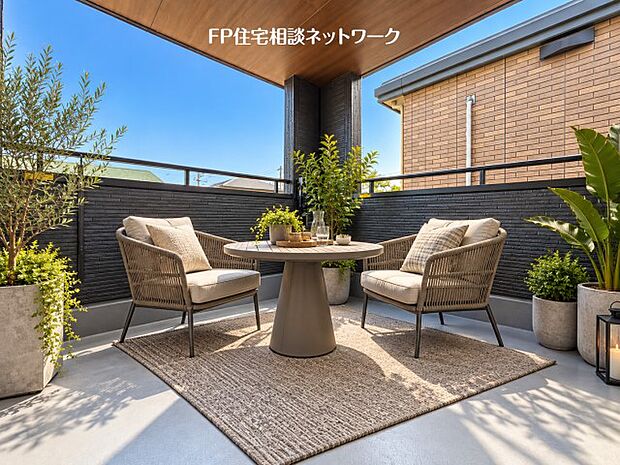 【バルコニー】本画像のラグ、家具、家電、植栽、小物等はCG生成の配置イメージです。販売価格にこれらは含まれません。