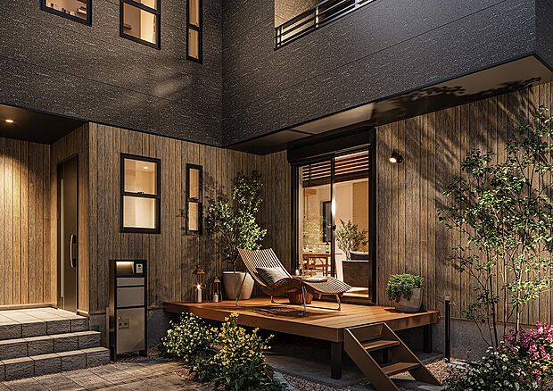 木の温もりや開放感を感じる「ウッドデッキ」。リビングからフロアをフラットに繋ぎ、空間の一体感を演出します。(街並完成予想図より)