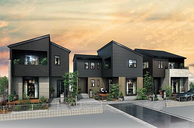 【街並完成予想図】広々とした32坪以上の住空間、木の温もりや開放感を感じるウッドデッキ、暮らしに安心をもたらす高性能な住まいづくり。(街並完成予想図)