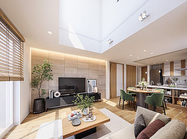 【完成予想図(内観)】吹抜けは、暖かな光を1階に落とし込み、LDKの開放感をより生み出します。（1号棟内観完成予想図）