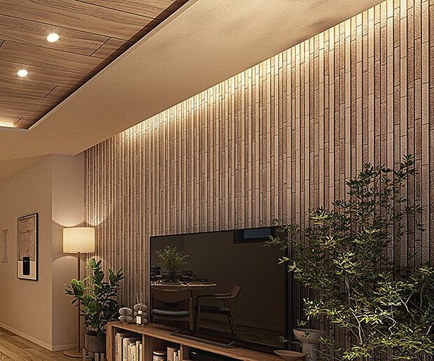 【その他設備(アクセントウォール・間接照明・エコカラット)】【アクセントウォール・間接照明】深みのある素材に柔らかな光が陰影を添え、上質さを演出【エコカラット】調湿・脱臭効果を持った機能性建材で快適空間に（内観完成予想図より）