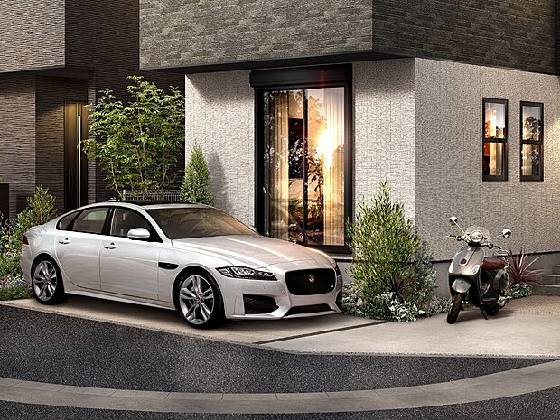 【街並完成予想図】【カースペース】コンクリートと素材を交互にレイアウトしたデザインを施し、車が停まっていない時も美観を保ちます。※2台目は軽自動車対応となります。（1期街並みパース）