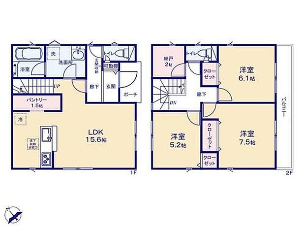【3LDK】◆リビングが見渡せる対面キッチン
◆お部屋すっきり全室収納付き
◆キッチンにパントリー、２階にストレージルーム（納戸）など収納豊富な間取り