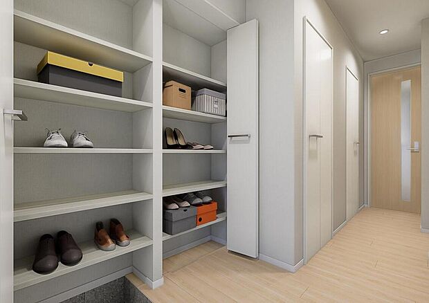 【完成予想図(内観・玄関収納)】【2号棟】玄関収納完成予想図
たっぷりと入る玄関収納です。靴や小物などもすっきりと片付き、玄関まわりをいつもきれいに保てます。