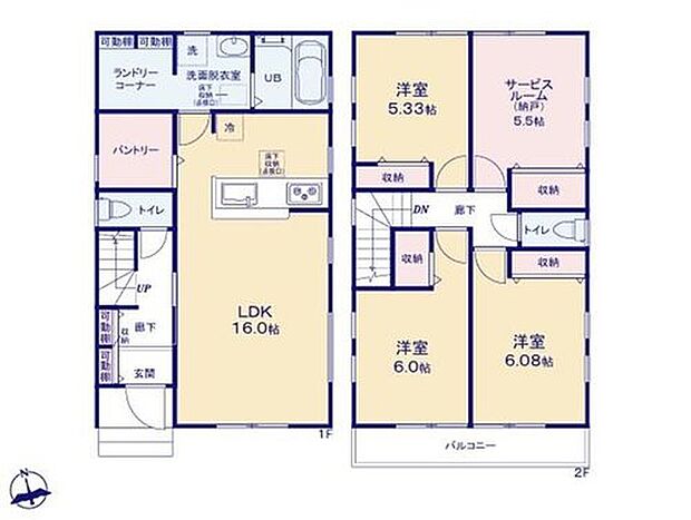 【3LDK+S】◆キッチンにパントリー、２階に5.5帖のストレージルーム（納戸）など収納豊富
◆朝の忙しい時間も快適に♪広いランドリースペースと洗面所のある間取り
◆24時間換気システムなど設備も充実（全棟）