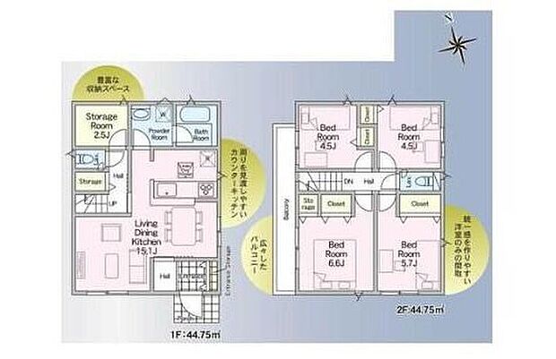 【4LDK+S】◆広々19.1帖のＬＤＫ♪リビングが見渡せる対面キッチン
◆全室収納＋納戸付き♪豊富な収納スペース
◆家事動線がスムーズ♪まとまった水回り設計