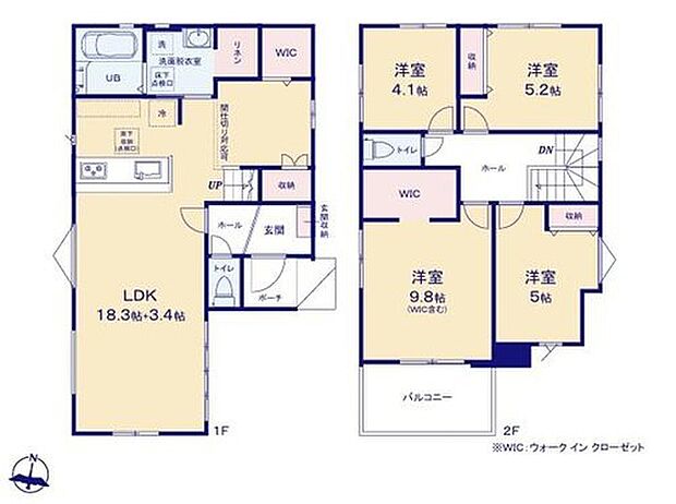 【4LDK】◆リビングの一部を居室に変更して５ＬＤＫにも対応可（工事有償）
◆動きやすいまとまった水回り設計
◆洗面所にリネン庫、２部屋にＷＩＣなど収納豊富
◆明るい南向きバルコニー