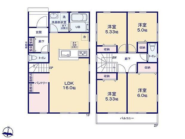 【4LDK】◆リビングに大容量の収納スペースが隣接♪リビングを広く快適にお使いいただけます
◆まとまった水回りで家事動線がスムーズ
◆明るい南向きのバルコニー