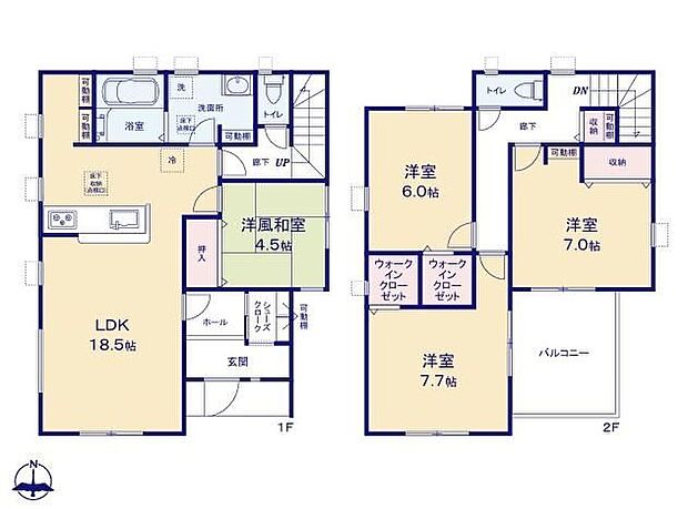 【4LDK】◆広くて明るい18.5帖のＬＤＫ♪キッチンには可動棚付き収納スペースもあります◆家事動線がスムーズ♪まとまった水回り設計◆ゆとりあるウォークインクローゼットが2部屋に♪◆明るい南向きのバルコニー
