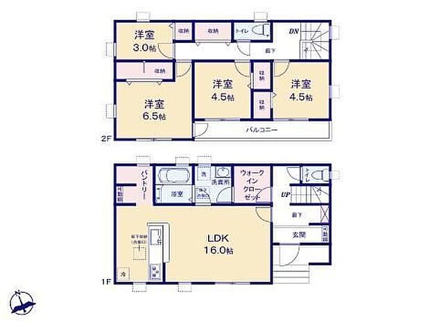 【4LDK】◆快適でゆとりある生活を楽しめる４LDKプラン
◆玄関と洗面所の２方向から出入りできる便利なＷＩＣ
◆お部屋すっきり全室収納付き♪キッチンにパントリーなど収納豊富な間取り