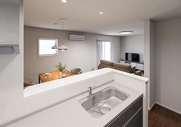 【完成予想図(内観)】人気の対面式キッチンを採用！家事をしながらでも会話が弾み、ご家族の様子も一目で分かります。画像はイメージパースであり、実際の仕様・色味等と異なる場合があります。