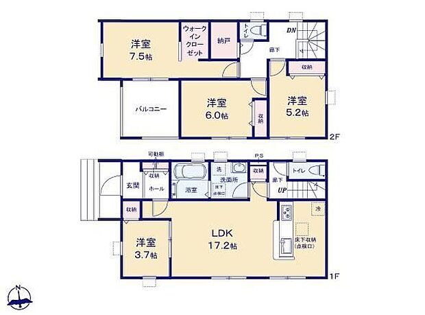 【4LDK】◆広くて明るい17.2帖のＬＤＫ♪リビングが見渡せる対面キッチン
◆動きやすいまとまった水回り設計
◆お部屋すっきり全室収納付き♪ＷＩＣやストレージルームのある収納豊富な間取りです
