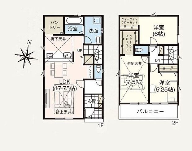 【3LDK】◆広くて明るく開放的な17.75帖のLDK！
◆パントリーを備え、日用品や食料品のストックも快適◎
◆自然と家族の会話が増えるリビングイン階段を採用♪
◆WIC×2など全居室収納付きでお部屋すっきり♪