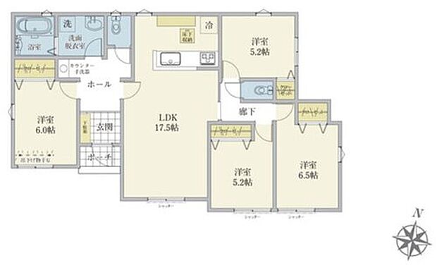 【4LDK】◆生活の動線がコンパクトな平屋建て♪掃除もしやすい♪
◆急な雨にも対応できる室内物干しが標準装備♪
◆全居室に収納を完備♪
