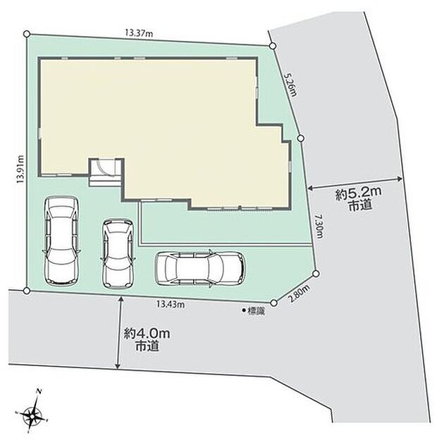【全体区画図】◆南向き角地で日当たり良好です♪
◆カースペース3台可♪