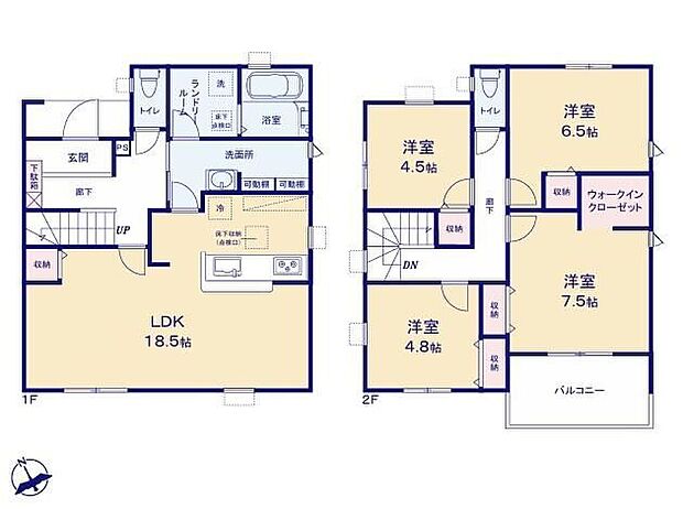【4LDK】◆広々18.5帖のLDK♪リビングが見渡せる対面キッチン
◆動きやすいまとまった水回り設計♪ランドリールームのある間取り
◆お部屋すっきり全室収納付き♪主寝室にはWICもあります