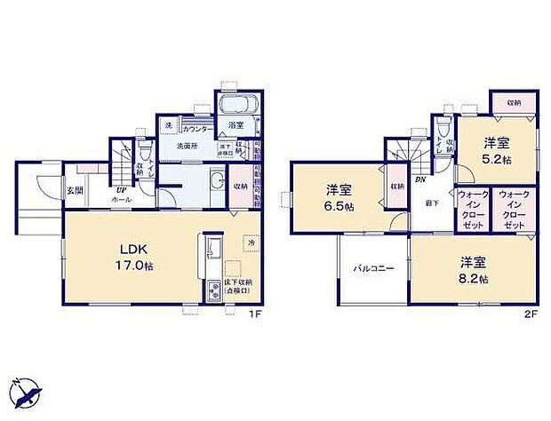 【3LDK】◆リビングが見渡せる対面キッチン♪食洗機標準装備
◆ゆったり広めの洗面室にランドリースペースが隣接した家事動線を意識した間取り
◆全室収納付き♪キッチンにパントリー、WIC×2など収納充実!