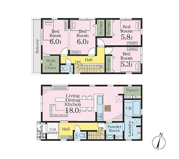 【4LDK】全居室収納に加えて、パントリーやWICなど大型の収納も備えたゆとりの住まい！2階12帖洋室はライフステージに合わせて2部屋に分けることも可能です♪（別途オプション工事）
