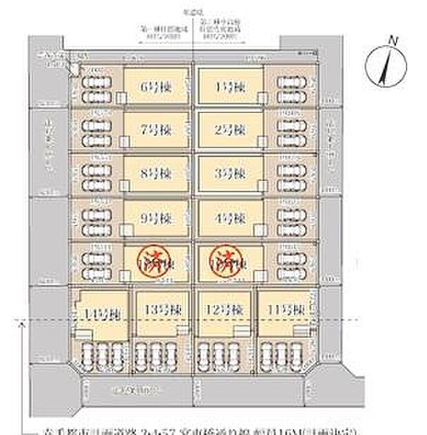 【全体区画図】全棟2台以上駐車可能なカースペース付き♪
セカンドカーをお持ちの方はもちろん、来客用や駐輪スペースなどにも利用できます♪