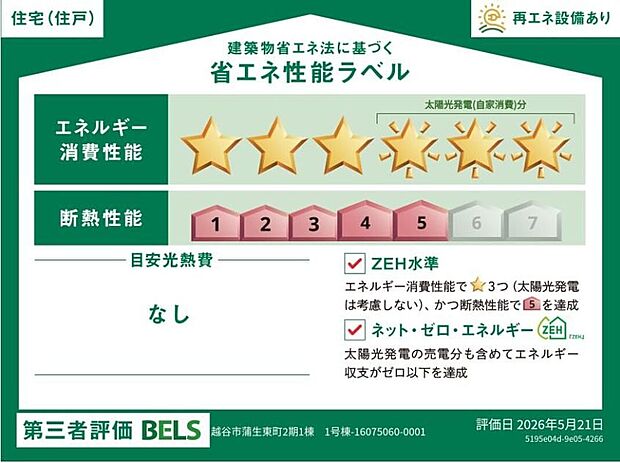 【【省エネ性能ラベル】】こちらの物件はZEH水準を満たした、省エネ性能に優れた物件です。 光熱費を抑えて暮らすことができるだけでなく、「熱の入りにくさ・逃げにくさ」という観点でも影響を受けにくい建物のため、長く快適にお過ごしいただけます♪