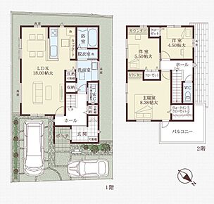 LDK約18.0帖は、室内に自然光が差し込みやすい3面採光設計。洗面室は2ヵ所から出入りができるウォークスルータイプで、生活動線もスムーズです。洋室2部屋にワークスペースに便利なカウンターを備えています。/プラン建物面積90.0m2 