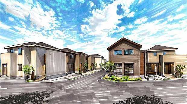 【【街並み完成予想図】】表情が異なる住まいが建ち並ぶ、彩り豊かな街並み。開放感あふれる区画やプライバシー性の高い区画など、それぞれの暮らしに心地よく寄り添う、個性豊かな街区設計です。