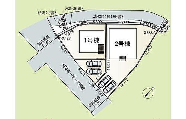 【全体区画図】カースペースは並列2台分駐車可能です。
周辺は緑も多く落ち着いた雰囲気！小学校まで徒歩10分で子育て世帯にも安心の住環境です◎