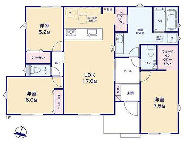 【3LDK】南向きLDK17帖の人気の平屋住宅♪階段が無いため、生活動線がコンパクト！掃除もしやすいです♪また、構造が安定しやすく風の影響も受けにくいため、より安心してお住まいいただけます。WICなど収納力豊富◎