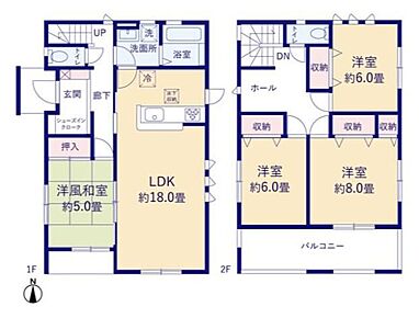 LDK18帖のゆとりある空間が魅力の4LDK！
2階ホールはお子様のプレイルームや読書スペース等多目的に使えて便利♪
主寝室8帖！バルコニーと繋がり陽当たり良好です◎2部屋から行き来可能♪ 