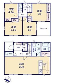 明るく開放的な広々20帖のLDK！パントリー付き◎
居室を2階に集約し、プライバシーにも配慮♪広々バルコニー完備☆
収納も多く住みやすい邸宅♪ご家族での生活に寄り添う設計です！ 