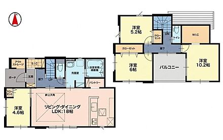 LDK18帖＋洋室4.6帖にキッチンパントリー付4LDKプラン♪
リビングの天井部分は折上天井となっており、お部屋が広く見え開放感が生まれます♪SIC、WICなどの収納も充実◎ 