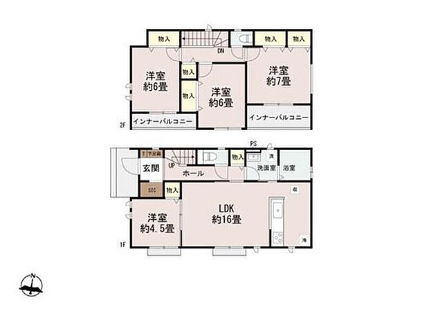 【4LDK】陽光あふれる全室南向きの邸宅です。約16帖の広々LDKに洋室が隣接し使い勝手良好♪
インナーバルコニーは雨の日でも安心♪
水回り集約で移動の手間を減らし、毎日の家事負担の軽減♪