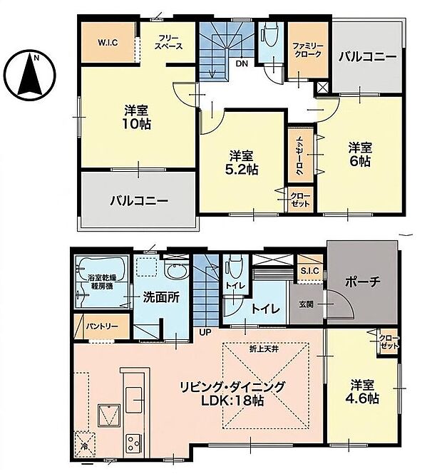 【4LDK】ご家族のコミュニケーションを育むリビング階段を採用した4LDKプラン☆LDKの天井部分は折上天井となっており、お部屋が広く見え開放感が生まれます♪SIC、WIC、パントリーなど収納充実◎バルコニーは2部屋に設置♪