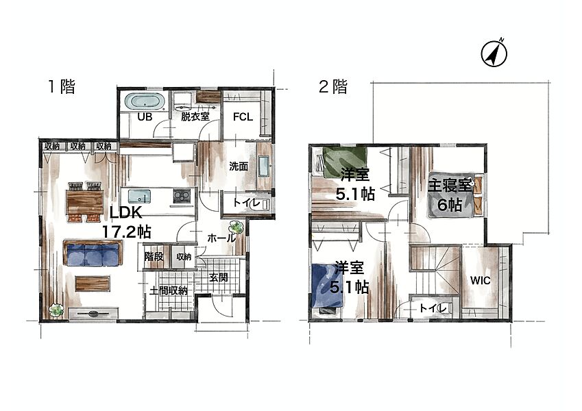 【展示家具・カーテン・照明・エアコン2台付き】土間収納やウォークインクローゼットなど、充実した収納スペースのある3LDK。玄関から土間収納を通ってリビングにアクセスできる動線を設けています。