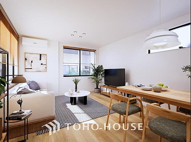 【のんびり過ごせるLDK】(パース)
朝は爽やかな日差しを浴びながら、家族みんなでおいしい朝食。昼下がりには読書やお昼寝でもしながらのんびりと過ごすひと時。家族が集まる空間を、一番明るい空間に。