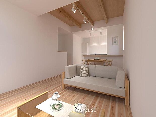 【完成予想図(内観)】【リビングパース】
朝は爽やかな日差しを浴びながら、家族みんなでおいしい朝食。昼下がりには読書やお昼寝でもしながらのんびりと過ごすひと時。家族が集まる空間を、一番明るい空間に。