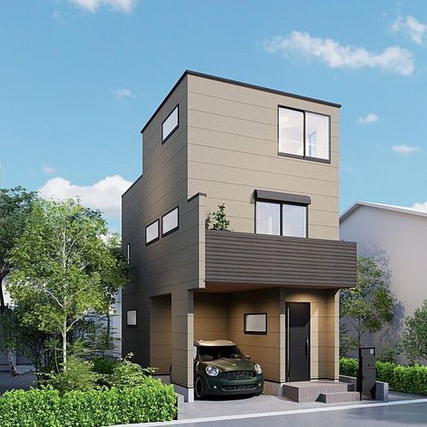 【完成予想図(外観)】ビルトインガレージ付き！
車を風雨からしっかりと守ってくれるビルトインガレージです。