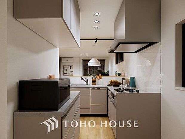 【キッチン(パース)】優しい温もりを醸し出すカウンターキッチンは料理の為の配慮を散りばめられた仕様です。家事をしながらリビングの様子を見守れる安心感もあります。