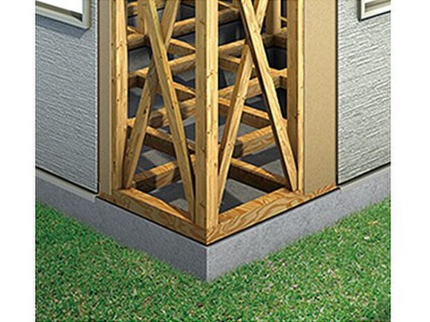 【箱状躯体 建物全体を面構造にして耐震性能を向上】外周部に、厚さ9mmの構造板を施工。建物全体を面で覆った構造は、日本古来の木造軸組工法と、欧米で普及している2×4工法(枠組壁工法)とのハイブリッドとも呼べるものです。
地震や台風時などに発生する「横方向」の力を分散して受け止め、万が一の際にも安全性の高い建物を実現しました。
