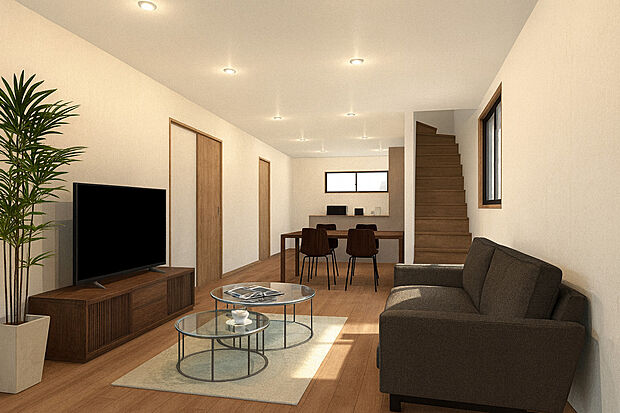 【イメージパース】リビング(1号地)
ゆったりくつろげるLDK21帖超!
「ただいま!」「おかえり!」が聞こえるリビングイン階段を採用!