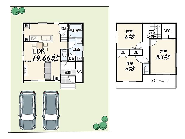 【新築参考プランA】
建物面積95.86m2　建物価格2030万円