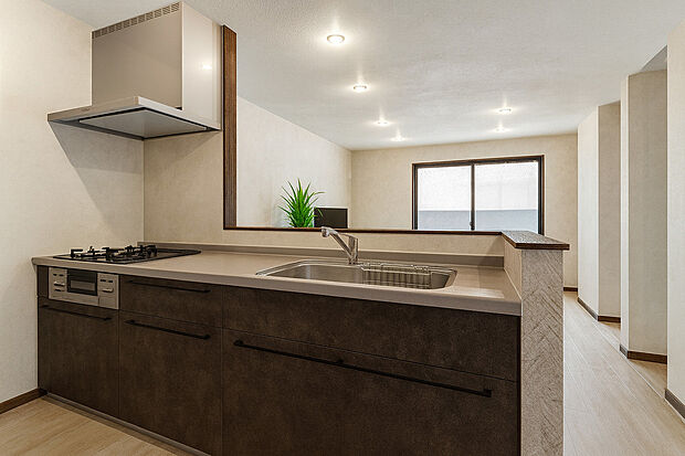 【イメージパース/キッチン】【新築参考3階建てプラン】リビングを見渡すことができる対面キッキンは、家事をしていても家族の様子が見えて安心感があります！