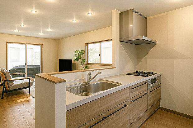 【イメージパース/キッチン】【新築参考Bプラン】リビングを見渡すことができる対面キッキンは、家事をしていても家族の様子が見えて安心感があります。